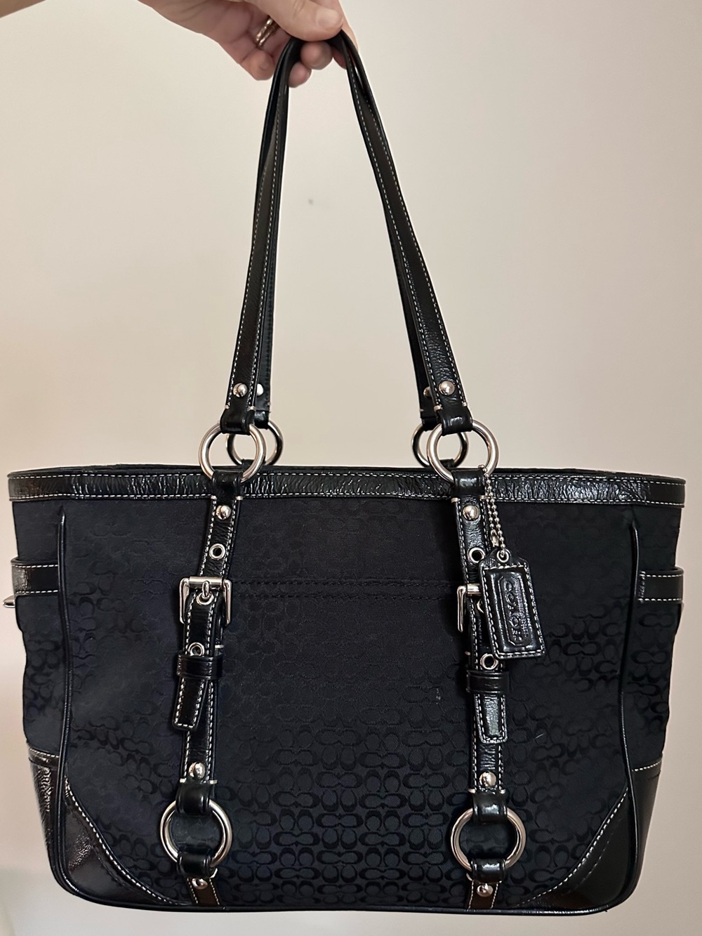 Coach Gallery Black Canvas Satchel Shoulder Bag Purse CC Jacquard Silver Y2K